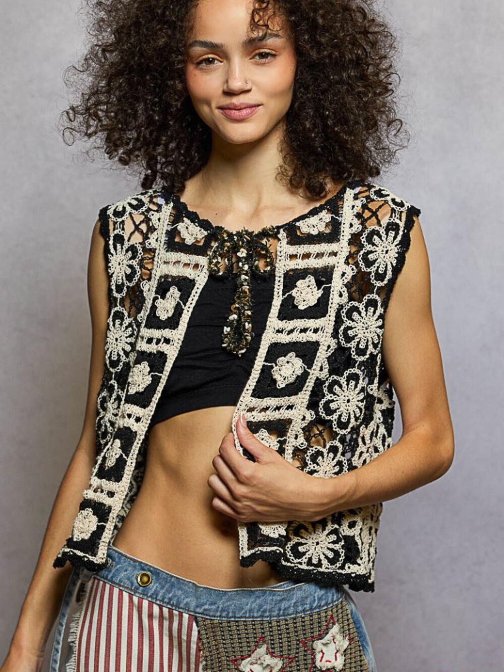 POL round neck sleeveless relaxed fit vest in crochet OSFM